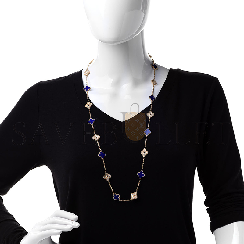 VAN CLEEF ARPELS 18K YELLOW GOLD DIAMOND LAPIS 20 MOTIFS VINTAGE ALHAMBRA NECKLACE 